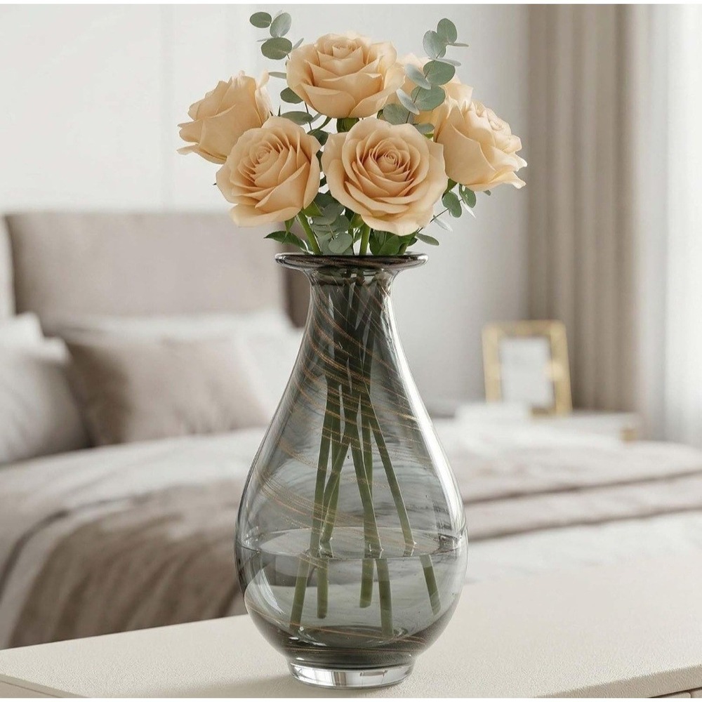 Hand Blown Smoky Gray Glass Vase Copper Swirl Teardrop 12 In. Decorative Art NEW